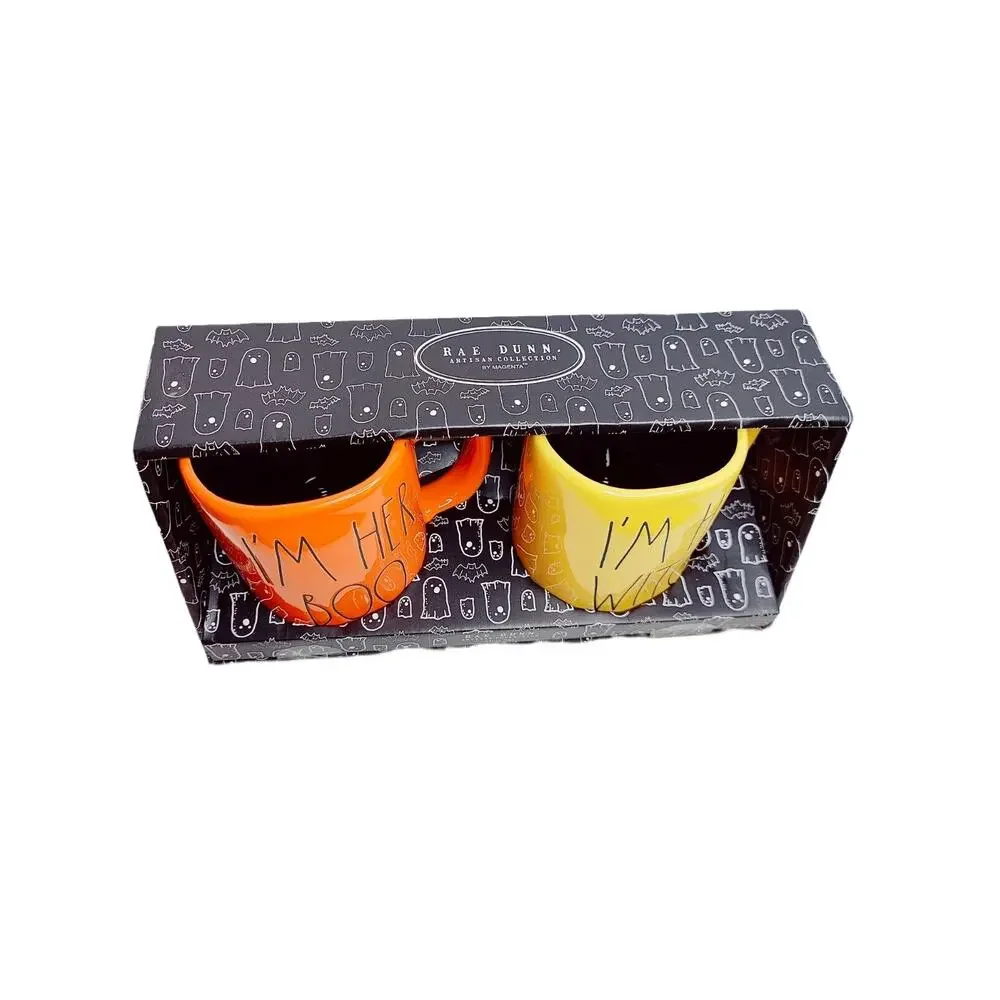 Rae‎ Dunn I’m Her BOO I’m His WITCH Orange & Yellow Coffee Tea Mug Set Halloween